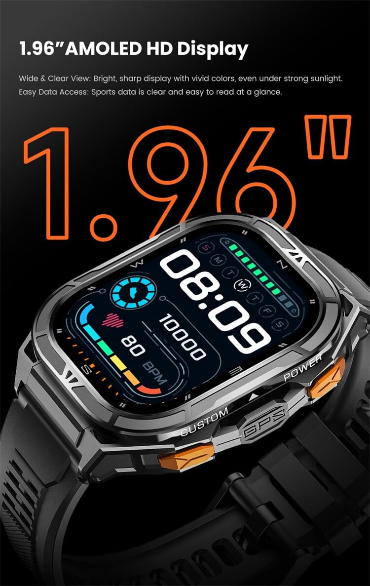 Smart Watch VG46 Pro -1.96 AMOLED Round Display, GPS, BT 5.3 Calling, 5ATM Water Resistant, 100+Sport Modes Compass, Altitude & Barometric Pressure, Heart Rate & SPO+2 Monitor, 530mAh Battery.
