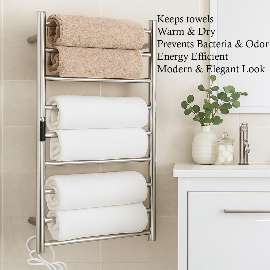 MORZZE Luxury Electric Heated Towel Rack MTW-6040 | 6-Bar Premium SUS 304 Stainless Steel Towel Warmer | Wall Mounted | Adjustable 30-60°C Timer 1-8H | Fast Dry Bathroom Heater (600x400mm) 2