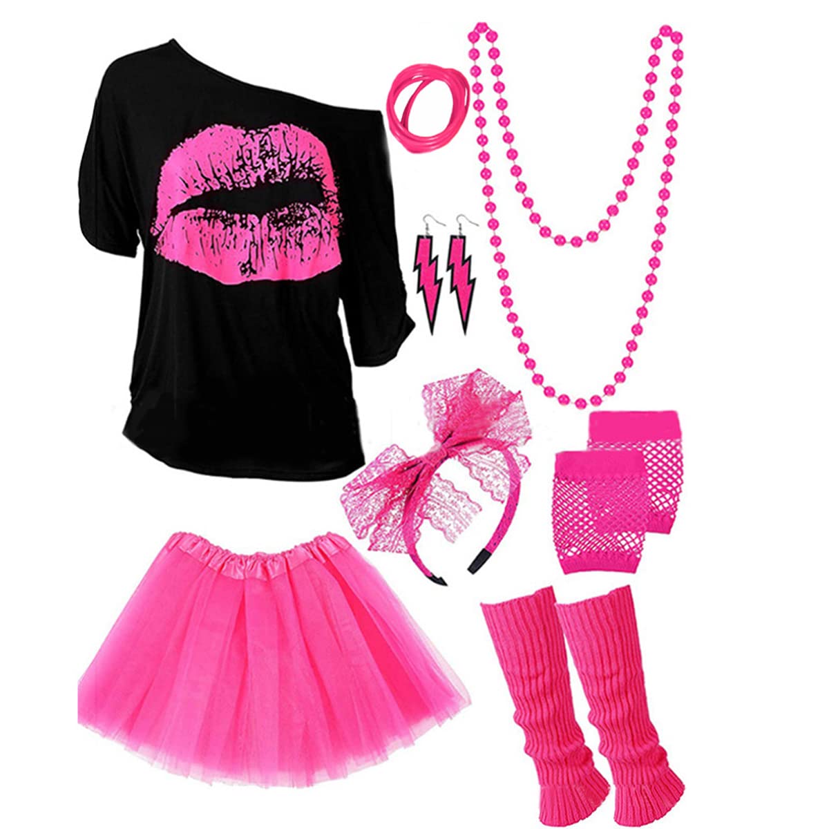 IDOTTA 80s Fancy Dress Costume Accessories Set,1980s T-Shirt Skirt Tutu Headband Gloves Earring Necklace Leg Warmers for Women Girls Party Retro Dress up