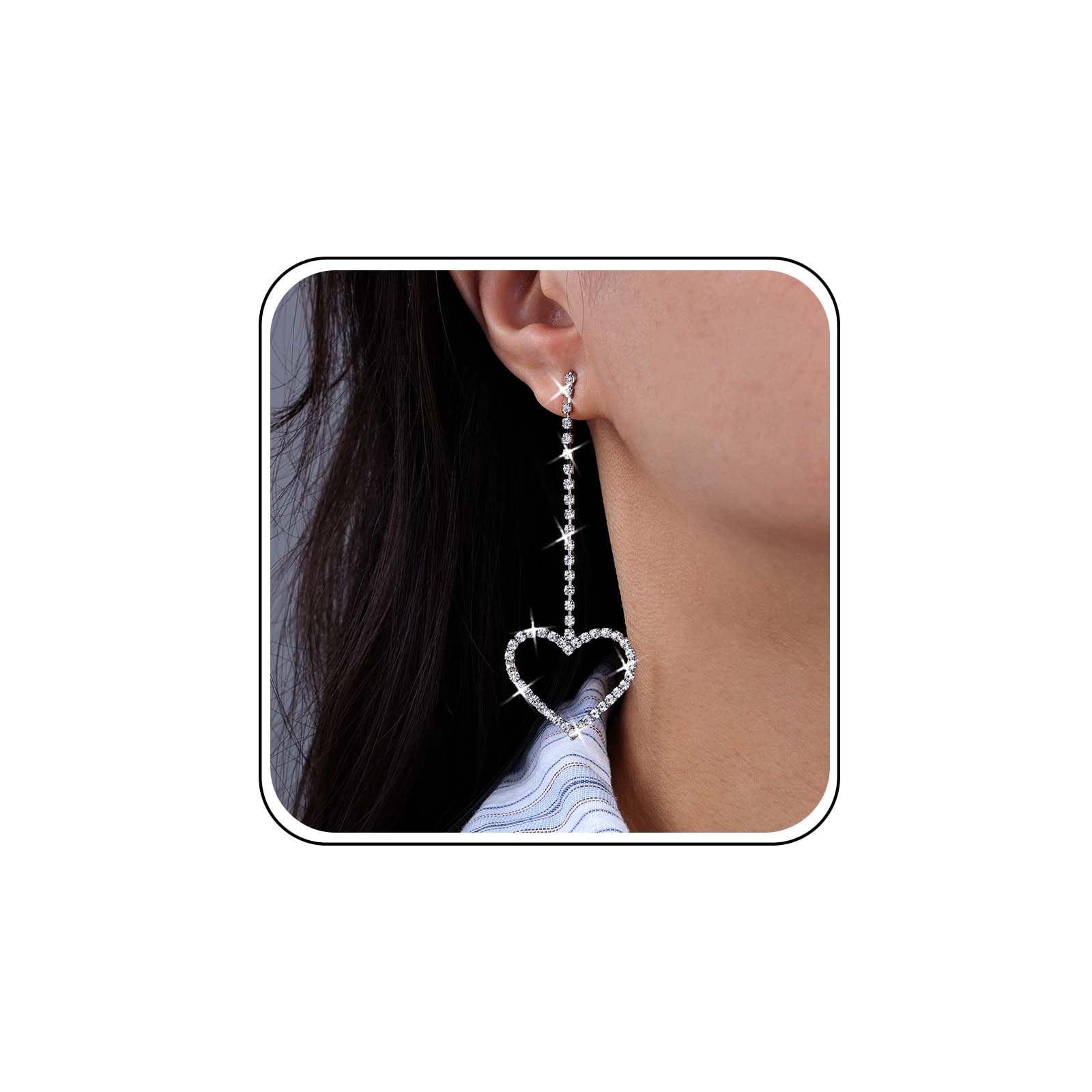 AtentuyiCubic Zirconia Heart Drop Earrings Silver Stud Hollow Cz Heart Earrings Long Rhinestone Earrings Diamond Heart Dangle Earrings Crystal Wedding Earrings Sparkly Statement Earrings Jewelry for Women