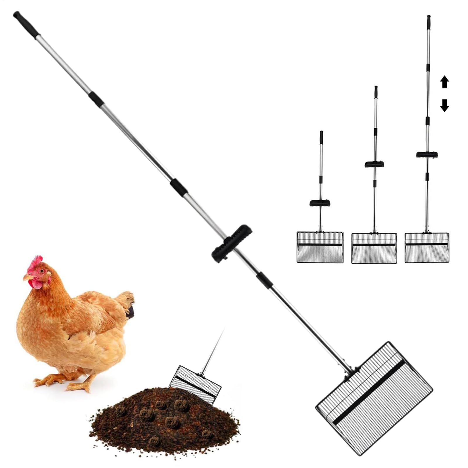 Paletta per lettiera in metallo con manico lungo 175 cm, staccabile, in acciaio inossidabile, antiaderente, resistente, accessorio per pollaio, per gatti e cani