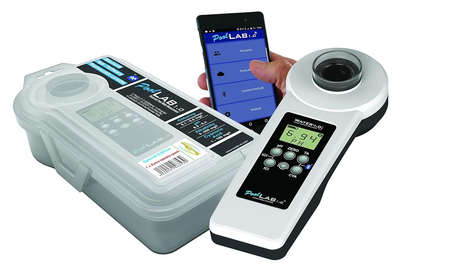 Water-i.d. WATER TESTING EQUIPMENT Special Edition: 15 in 1 PoolLab 1.0 Photometer - elektronischer Wassertester für MediMuc - Photometer mit 70 Testtabletten + (1.0 | EXTRA Refillpack)