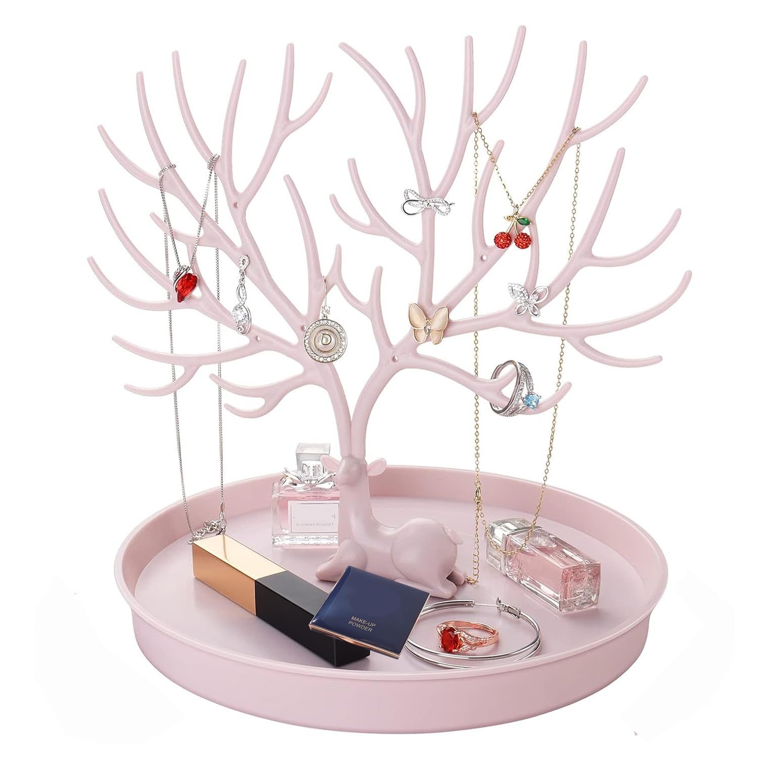 Pink Jewelry Holder,Ring Organizer Stand,Antler Tree Hanging Necklace Organizer,Ring Earrings Bracelet Holder,Deer Horn Tree Stand Towers with Storage Tray