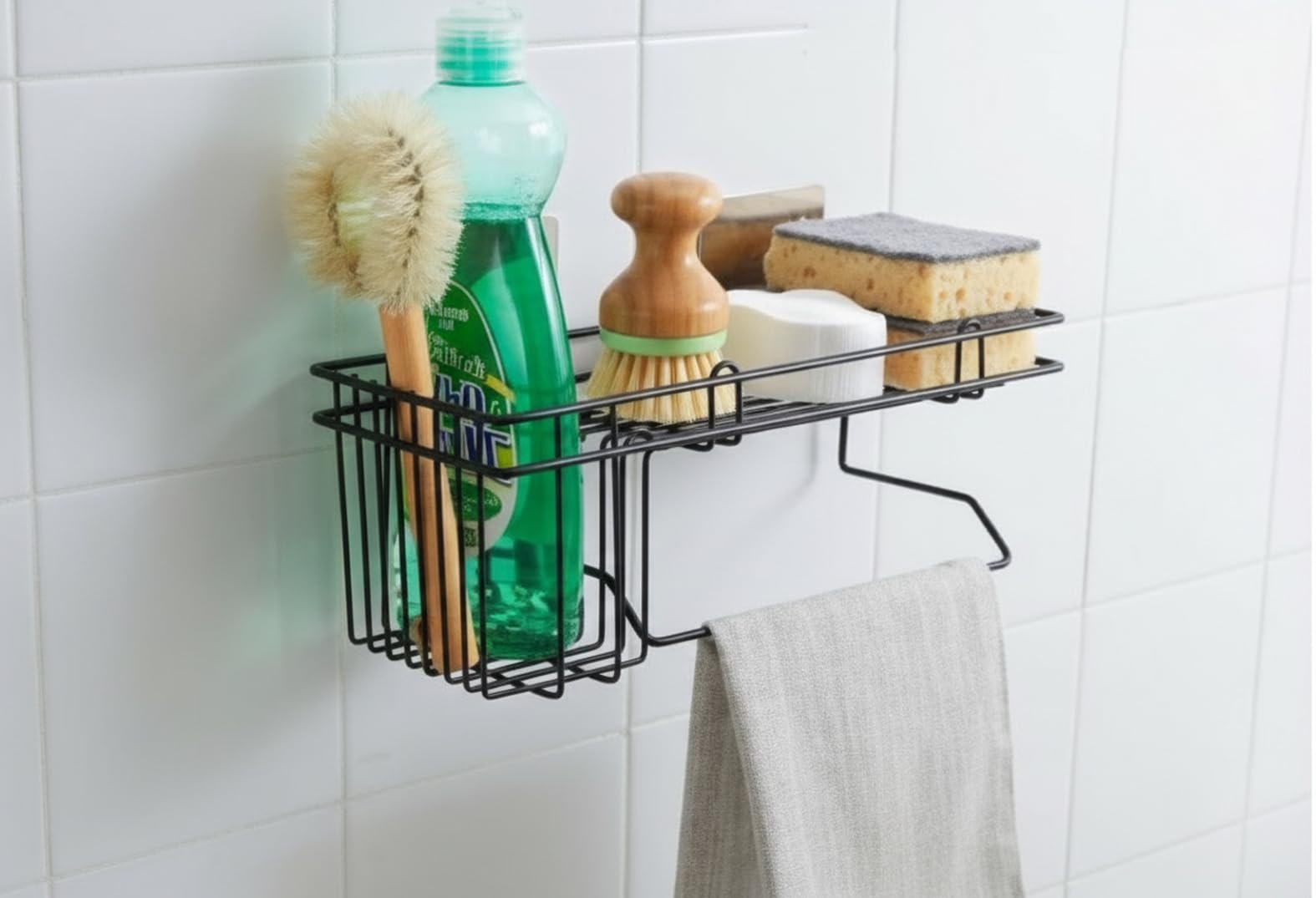 Bathroom Wall Shelf with Toothbrush Holder & Towel Rack | Metal Caddy Organizer with Adhesive Mount | Toothpaste Holder, Shampoo & Soap Storage Rack for Bathroom & Kitchen (Black)-image-48