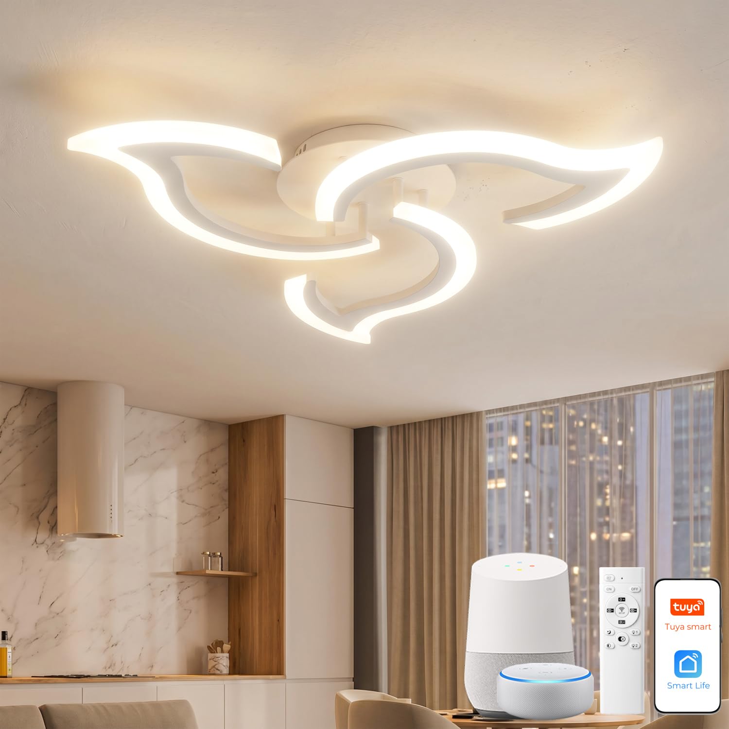 Plafoniera Smart Compatibile con Alexa, LED Dimmerabile con App e Controllo Vocale, Lampadario Moderno a Fiore con Telecomando per Camera da Letto, Sala da Pranzo, Cucina, WiFi 2.4GHz, Bianco