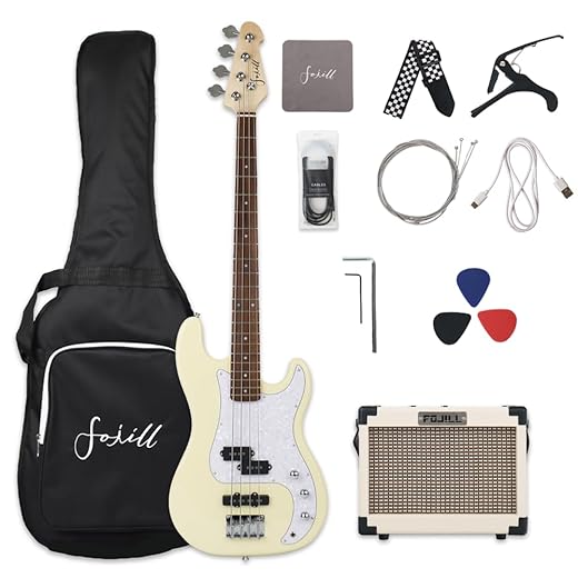 Fojill Full Size Four String Electric Bass Guitar With 10 Watt Amplifier 4 String Right Handed Beginner Kit Set With 600D Gig Bag,Picks,Noiselss Cable,Extra Strings(Cream)