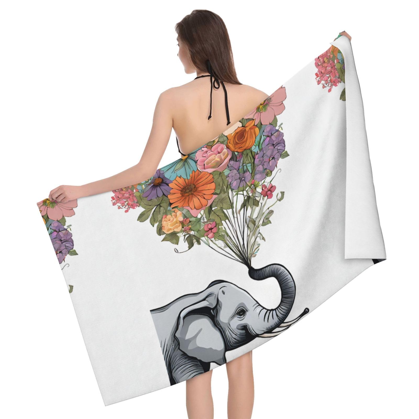Uenffkdap White Elephant With Flower Microfiber Absorbent Bath Towel, Soft And Absorbent, Used In Bathrooms, Beaches And Swimming Pools.