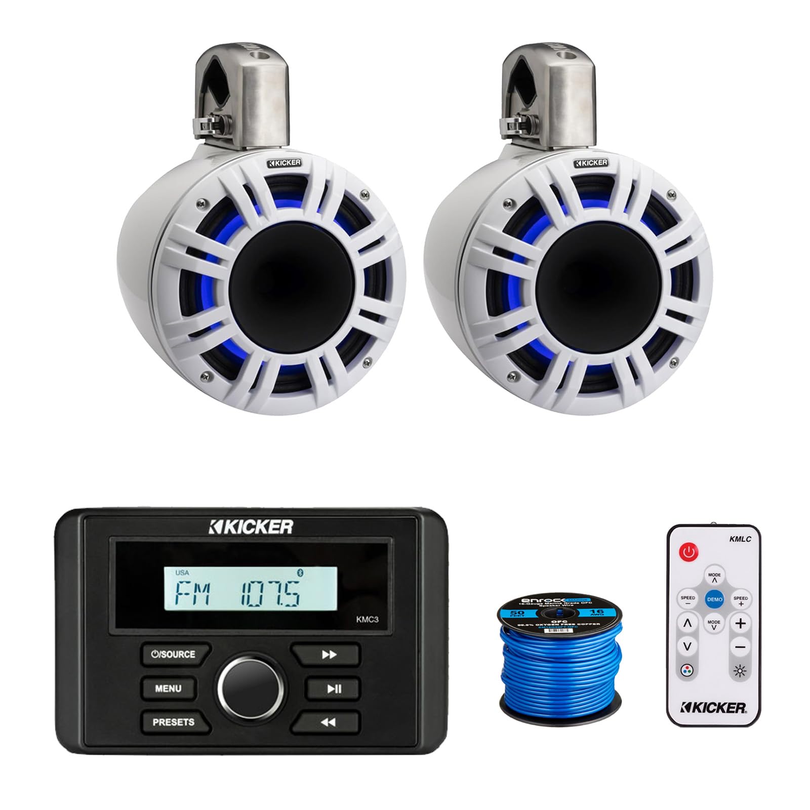 Kicker 46KMC3 Marine Gauge Style USB Bluetooth AM/FM Stereo Square Media Center Receiver, 2X 8 500 Watt Peak Multicolor LED Horn-Loaded (HLCD) Tower Speakers (White) with LED Remote, 50 Feet Wire