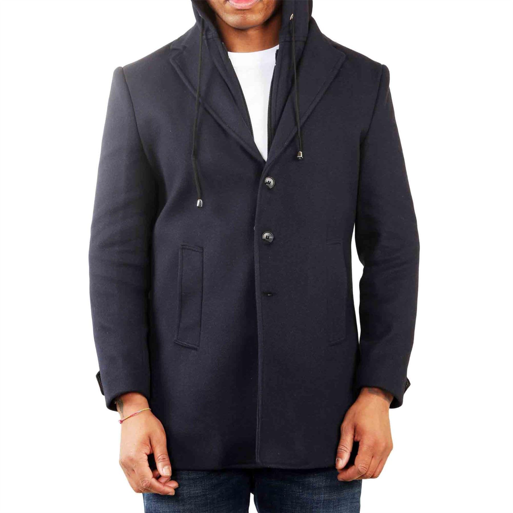 Truclothing Men's Hooded Wool Blend Classic Overcoat - Navy - 4XL