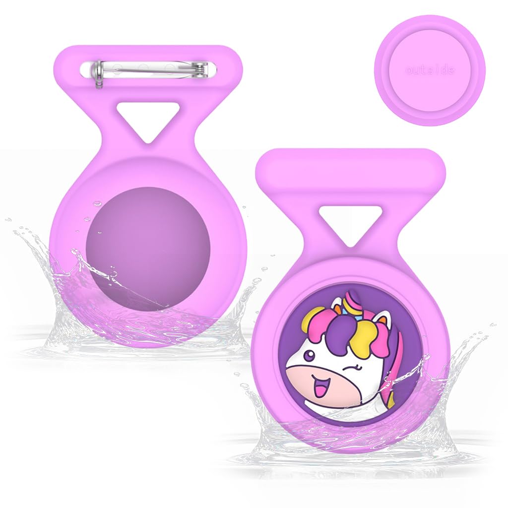 Waterproof AirTag Holder Cartoon Unicorn Purple Brooch Pin AirTag Holder Silicone Waterproof AirTag Holder Anti-lost Brooch Pin AirTag Holder for Kids, Luggage, Bag, Backpack