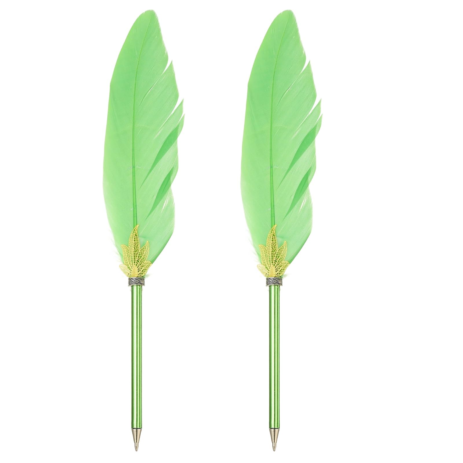 PATIKIL Feather Ballpoint Pens Bulk, 2Pcs Black Ink Vintage Plated Rod Quill Writing Pens for Office Wedding Guest Signature Gift, Green