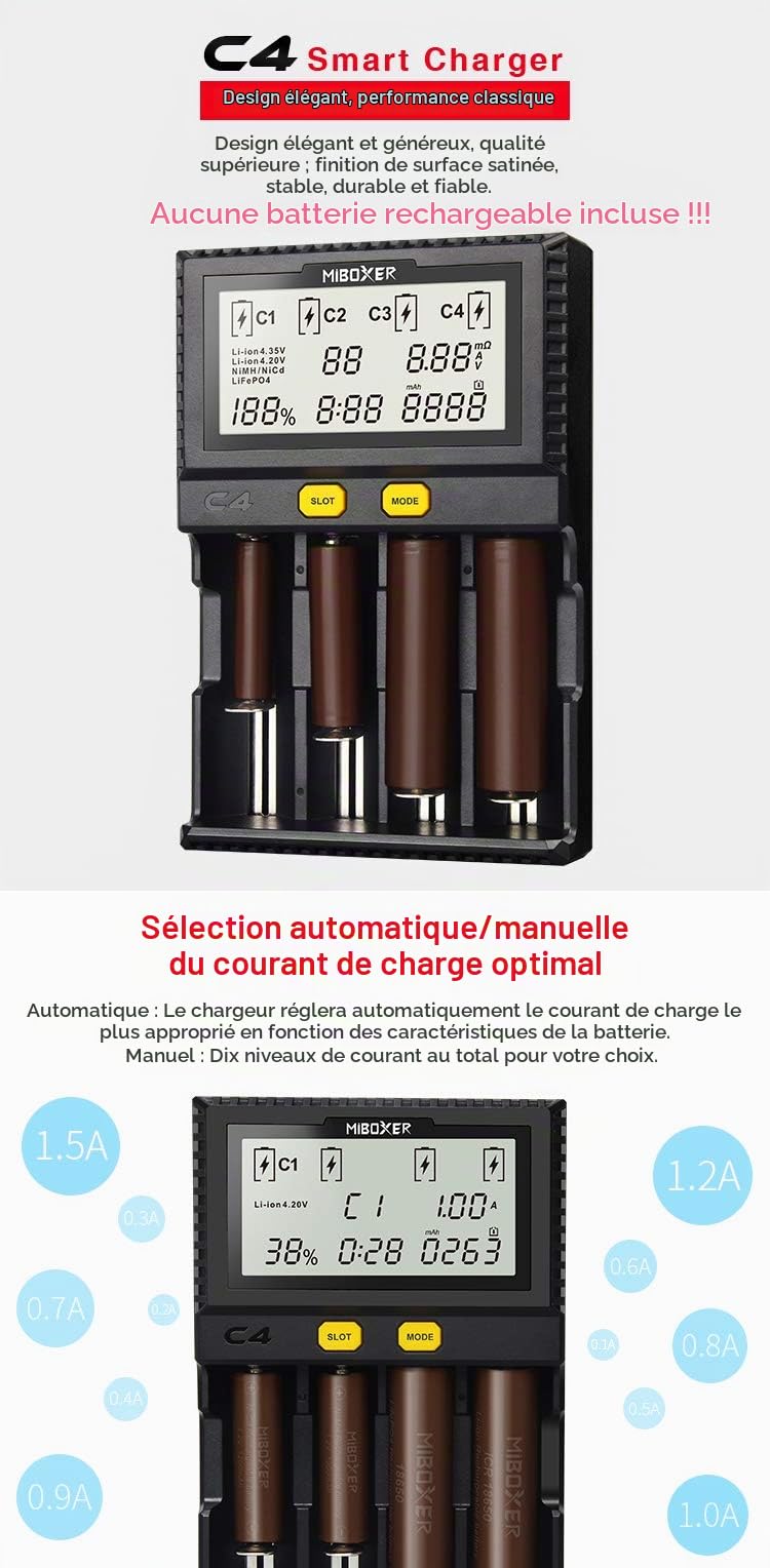 LGIDTECH C4 18650 Chargeur de Batterie Intelligent 4 emplacements avec écran LCD pour Batteries Rechargeables Li-ION (4,2 V/4,35 V)/IMR/INR/ICR/LiFePO4 (3,6 V)/Ni-MH/Ni-CD (1,48 V)