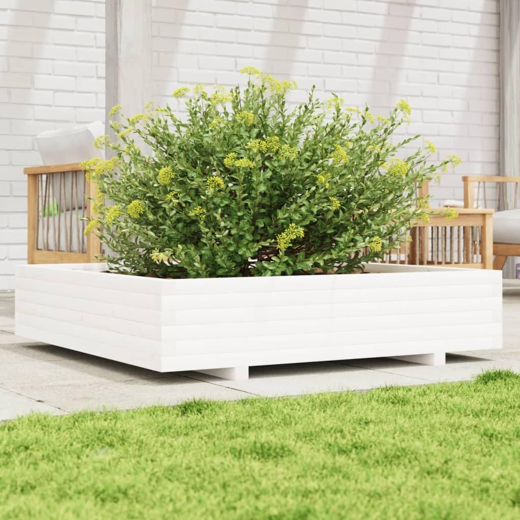 Pflanzkübel Weiß 110x110x26,5 cm aus Massivholz Kiefer, großer Blumenkasten für Pflanzen, Gemüse, Kräuter und Blumen, dekorativer Hochbeet für Garten
