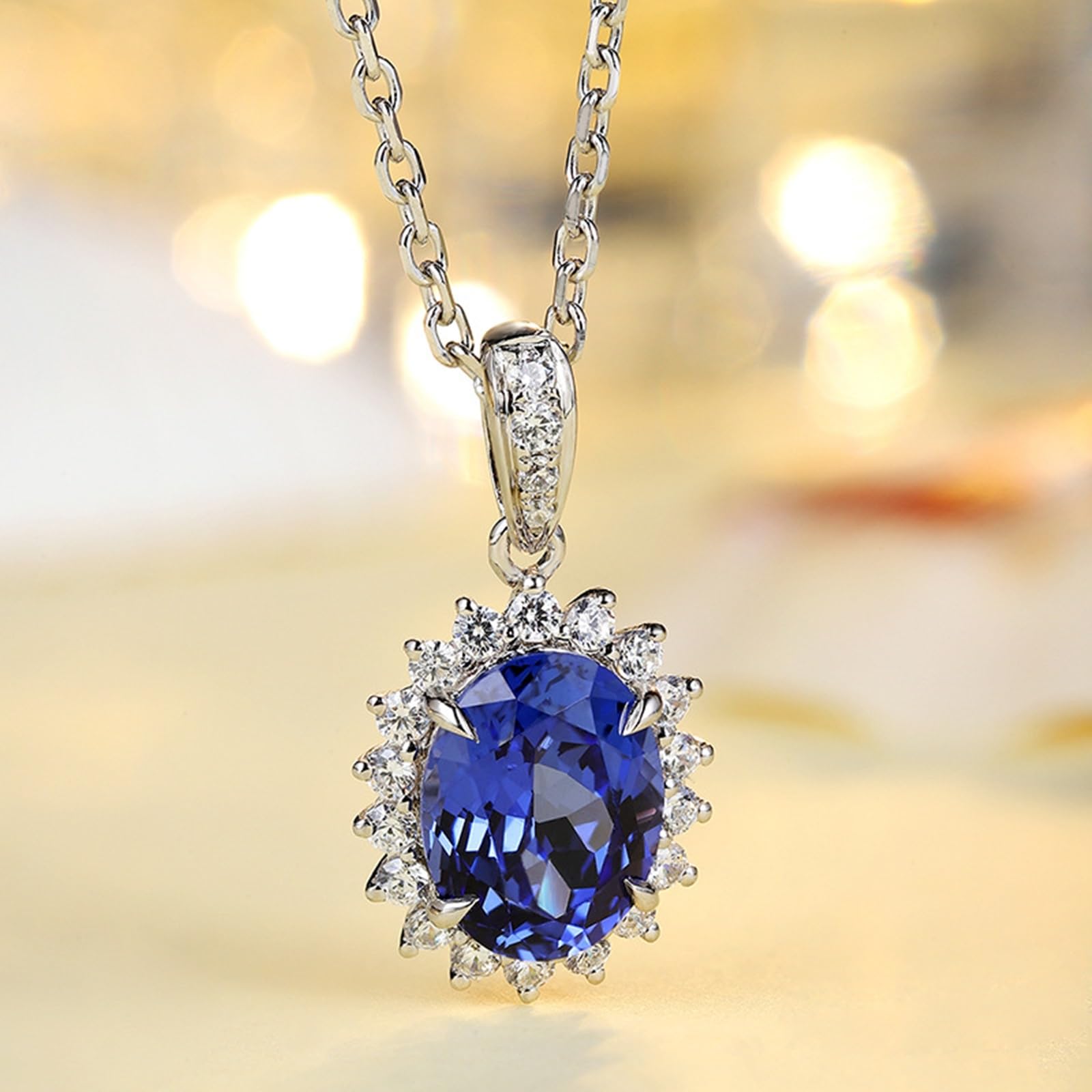 KnBoB Collar para mujer de plata 925 flores azul ovalado laboratorio creado zafiro piedras preciosas colgante joyas longitud 40+5 cm
