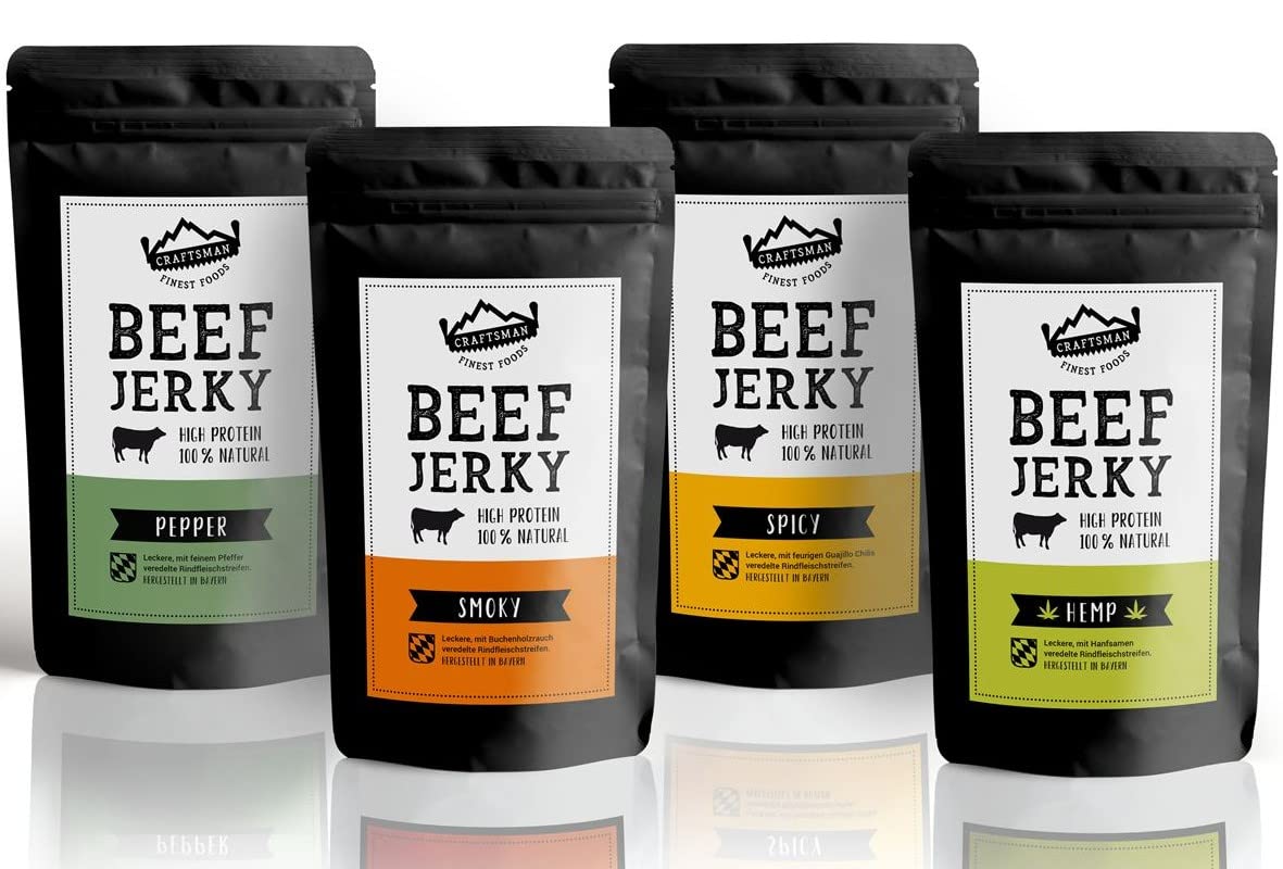 Craftsman Beef Jerky | Ohne Zucker | Set 4 x 250 g = 1 kg Probierpack | Aus Deutschland - Bayern | Dörrfleisch Mix | Protein 68% | Trockenfleisch | 100% Natürlich | Hanf Pfeffer Smoky Chili