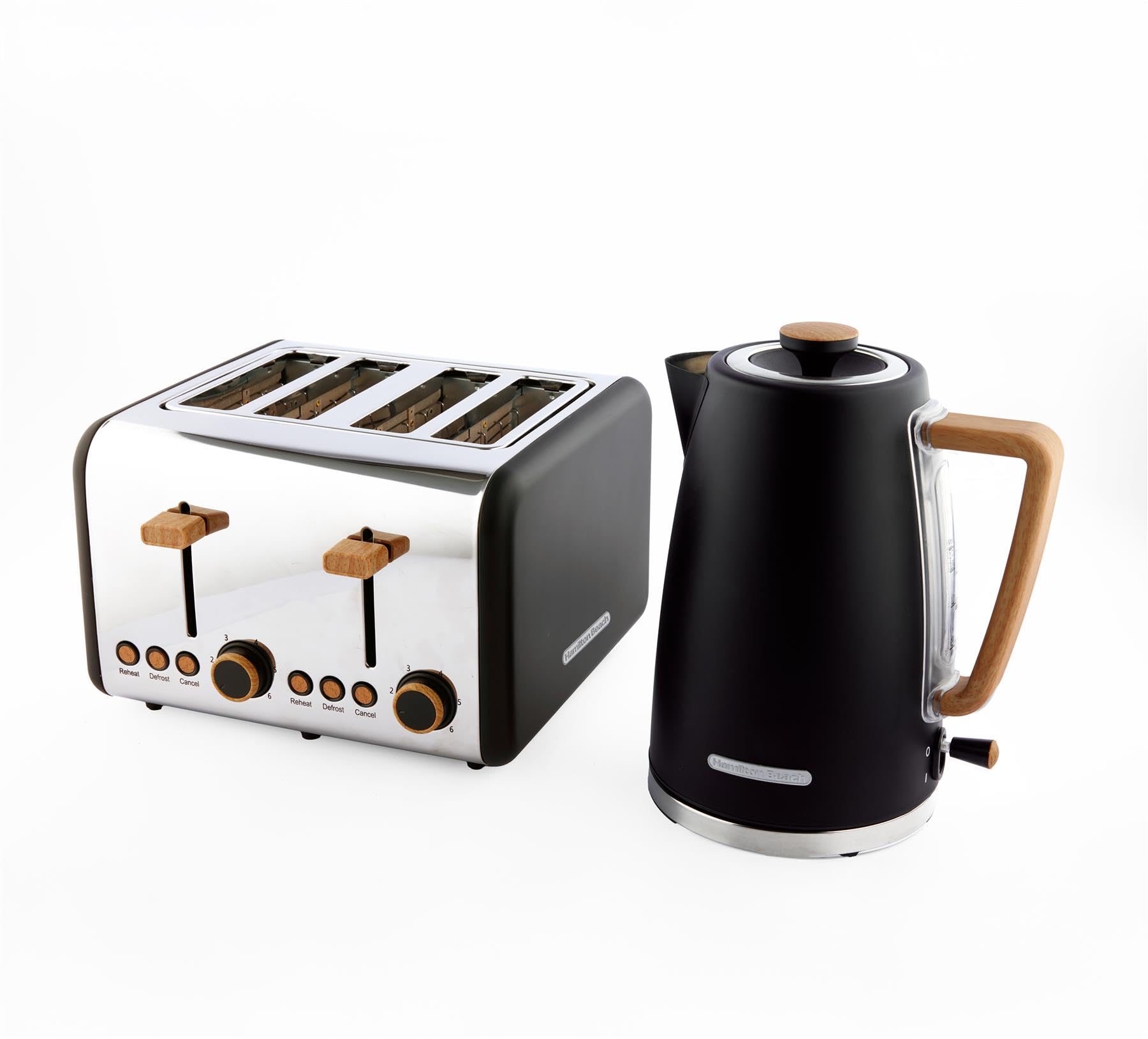 Hamilton Beach Kettle and Toaster Set, Scandi, Electric Kettle 1.7L, Wide Slot Toaster 4 Slice, Boil Dry Protection, 6 Variable Browning Levels, Black - HB0102MBST