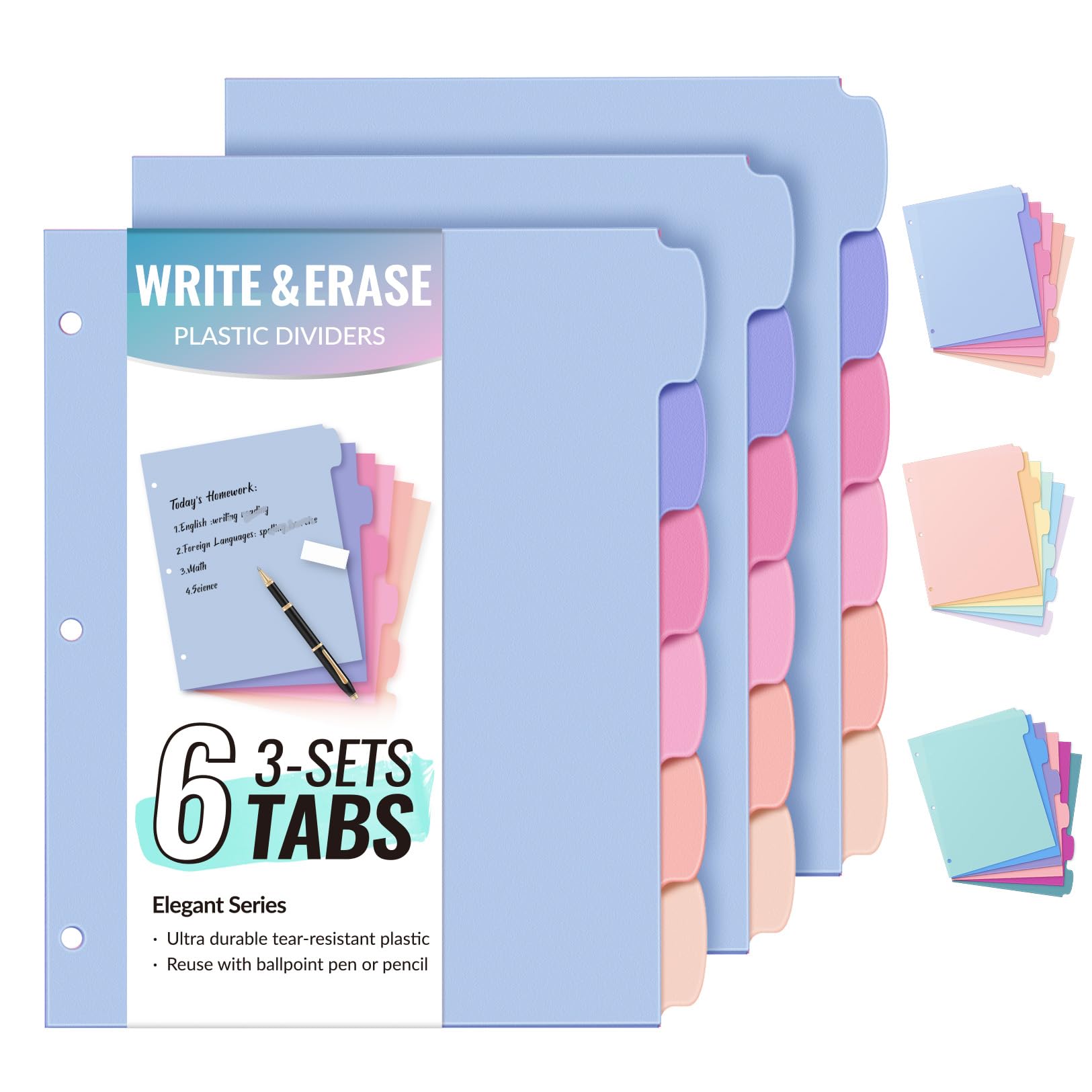 Sooez 6-Tab Durable Plastic Write & Erase Big Tab Dividers for 3 Ring Binder, Aesthetic Cute Binder Dividers for Student, Teacher, Office, Home