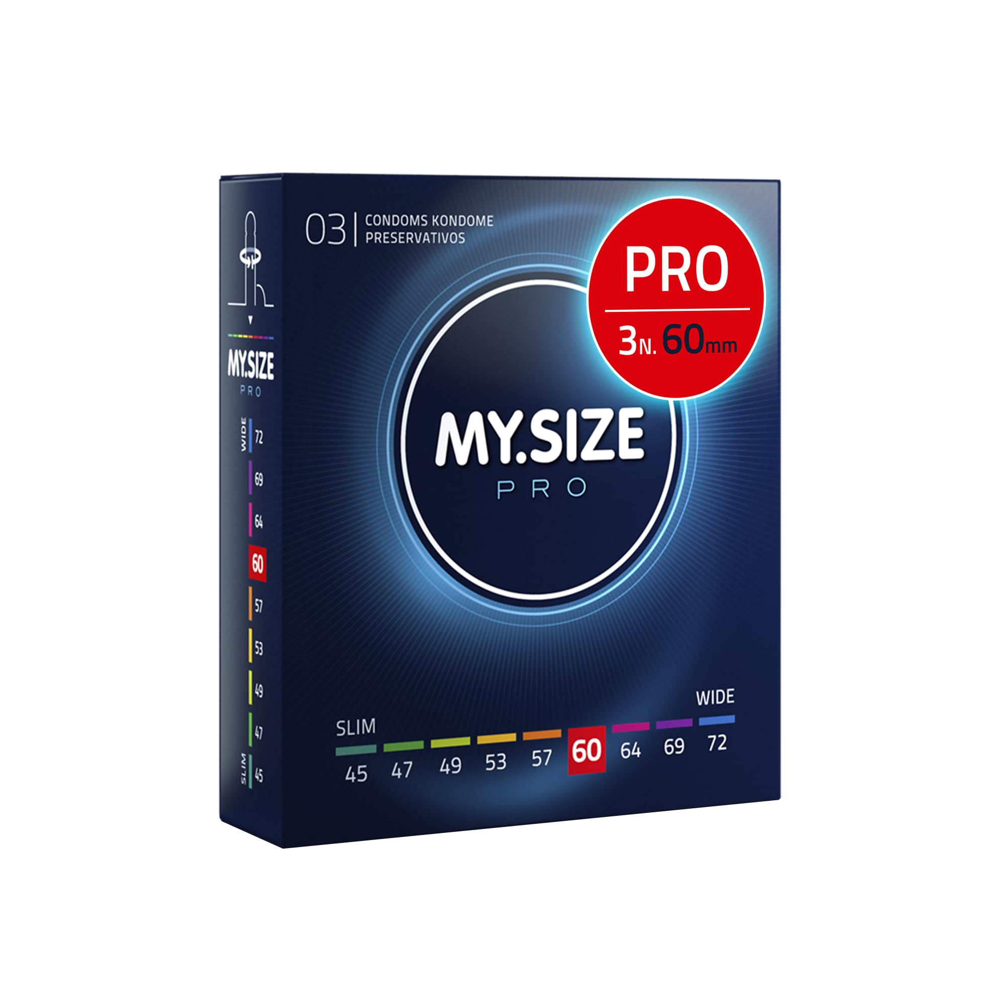 MY.SIZE PRO Preservativi ELITE taglia 5, 60 mm, XXL, 3 pezzi, vestibilità perfetta e dimensioni adatte a tutti