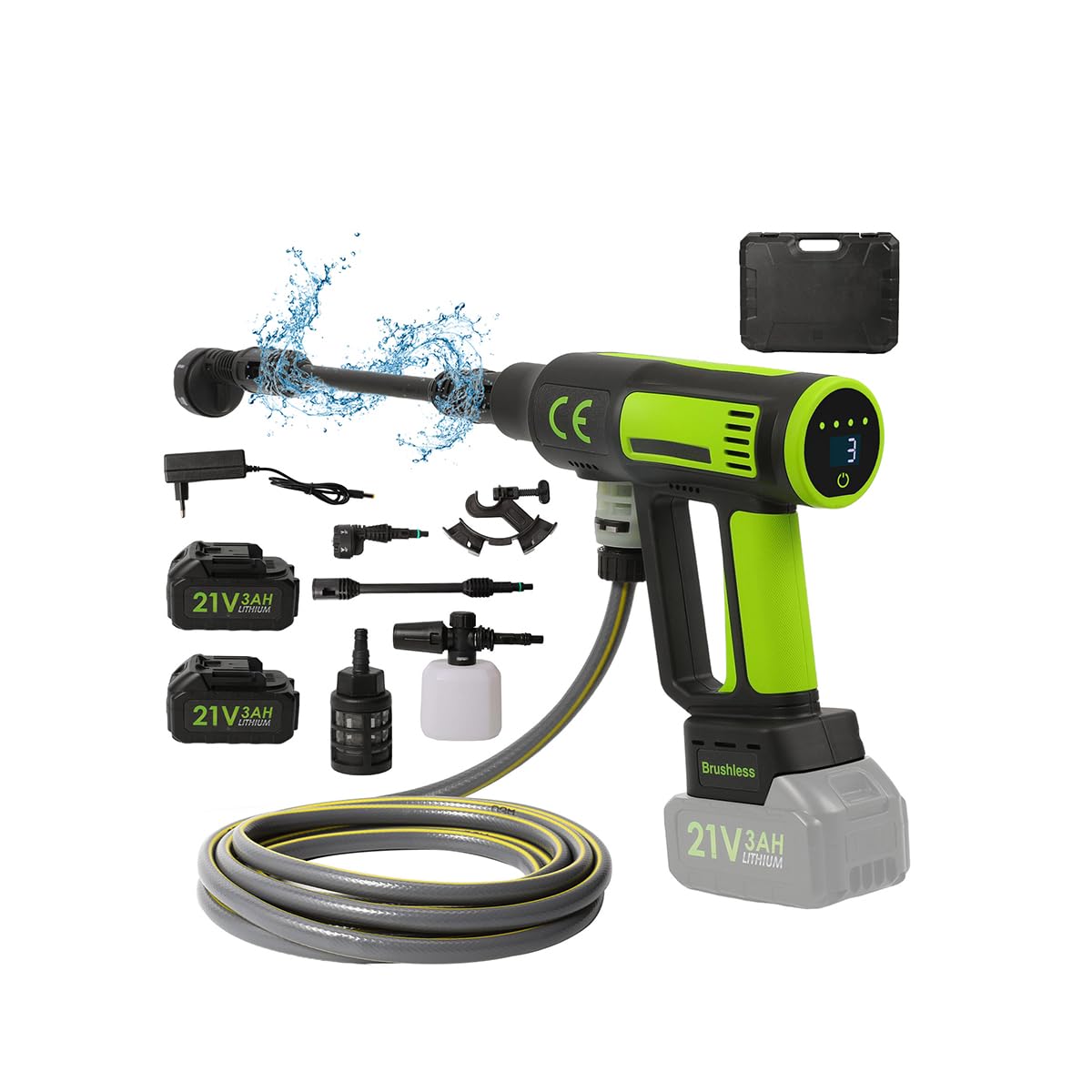Limpiador de alta presión inalámbrico, limpiador de alta presión portátil, a presión Washer 48 V, con boquilla ajustable 6 en 1, conector para grifo, para coche, jardín, terraza, ventanas (2 baterías)