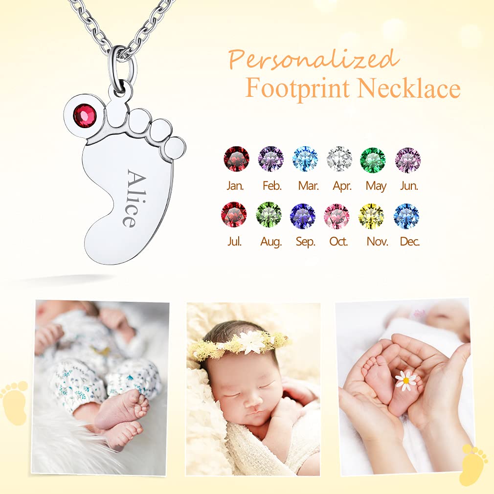 Custom4U Collar Personalizado Pies de Bebe con Nombres Grabados Colgante Huella Pies para Recién Mama con Circonitas Brillantes