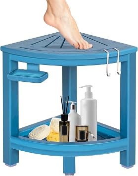 2-Tier Corner Shower Stool with Hooks & Soap Dish, HDPE Shower Bench for Shaving Legs, Wood-Like Shower Stool for Inside Shower with Non-Slip Foot Pads, Waterproof Shower Foot Rest Blue