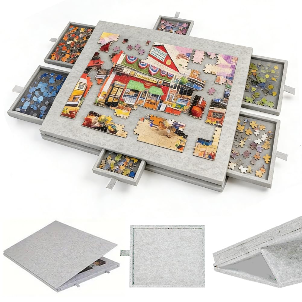 Rompecabezas de mesa inclinable para 1000 piezas, tablero de puzle de fieltro ligero con 6 cajones clasificadores, tablero portátil con soporte ajustable y cubierta (gris plateado)