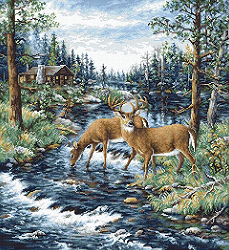 Image of AllAboutEmbroideryUA Counted Cross Stitch kit Peaceful Morning Luca-s B606 Size: 13.33 x14.56 in / 34 x 37 cm Animals Deer Needlepoint Cross Stitch Kits