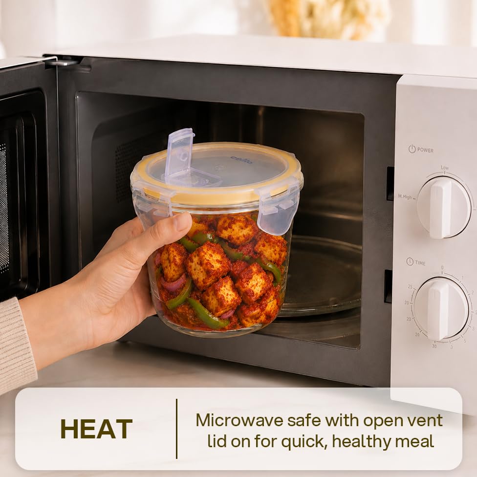 Image of CELLO Fit & Fresh Clip-O Round Lunch Box Container For Daily Use 720ml Transparent | Microwave & Fridge Safe Toughened Glass Airtight Food Storage Tiffin Box Container For Kitchen, Travel & Office Use