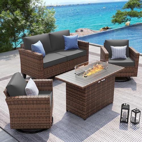 Image of UDPATIO 5 Pieces Patio Furniture Set with Fire Pit Table, Outdoor Furniture Set with Rocking Swivel Chairs, Wicker Patio Set with Waterproof Cover, 4'' Thickened Cushion, Grey