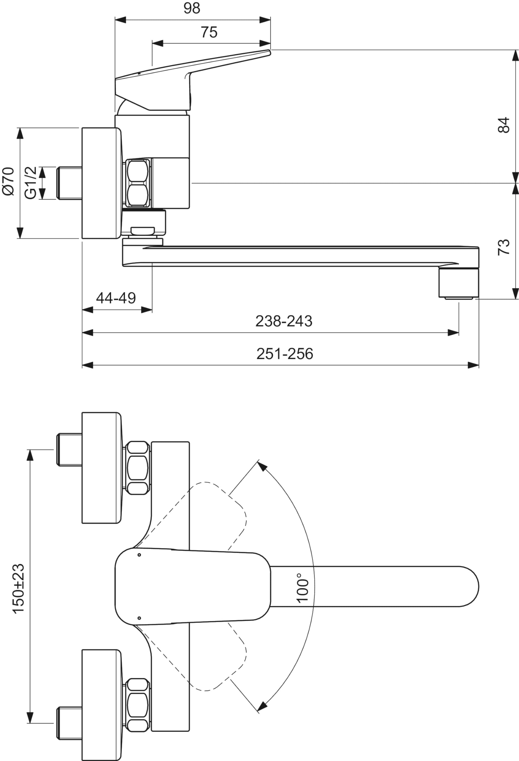 Ideal Standard – Ceraplan Wand-Küchenarmatur, Ausladung 238 mm, mit FirmaFlow Kartusche, Schwenkbereich 180°, Aufputz, verstellbare S-Anschlüsse, Chrom