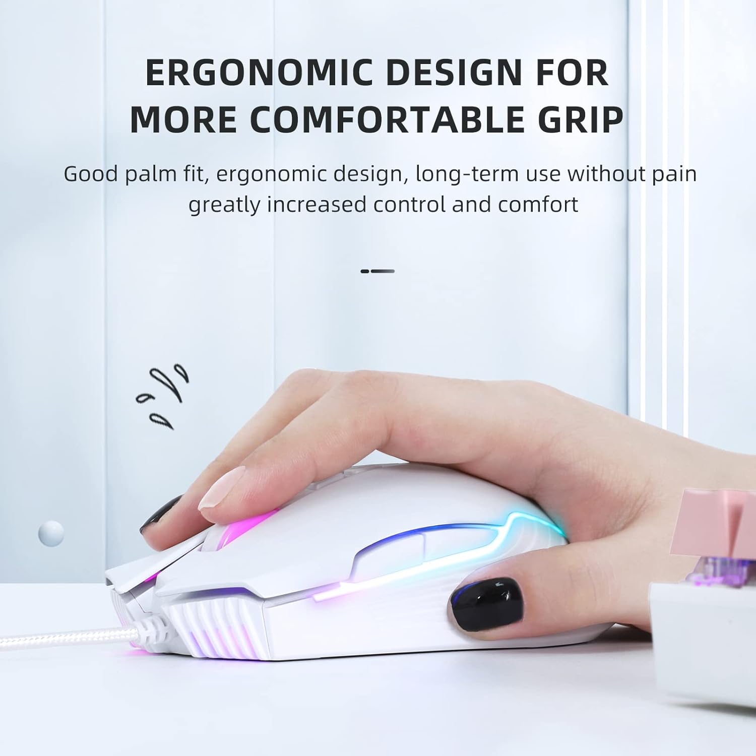 Wired Gaming Mouse, Ergonomic RGB Computer Mouse with RGB Backlight, Adjustable DPI UP to 6400, 7 Programmable Buttons for Windows Vista Linux (White)