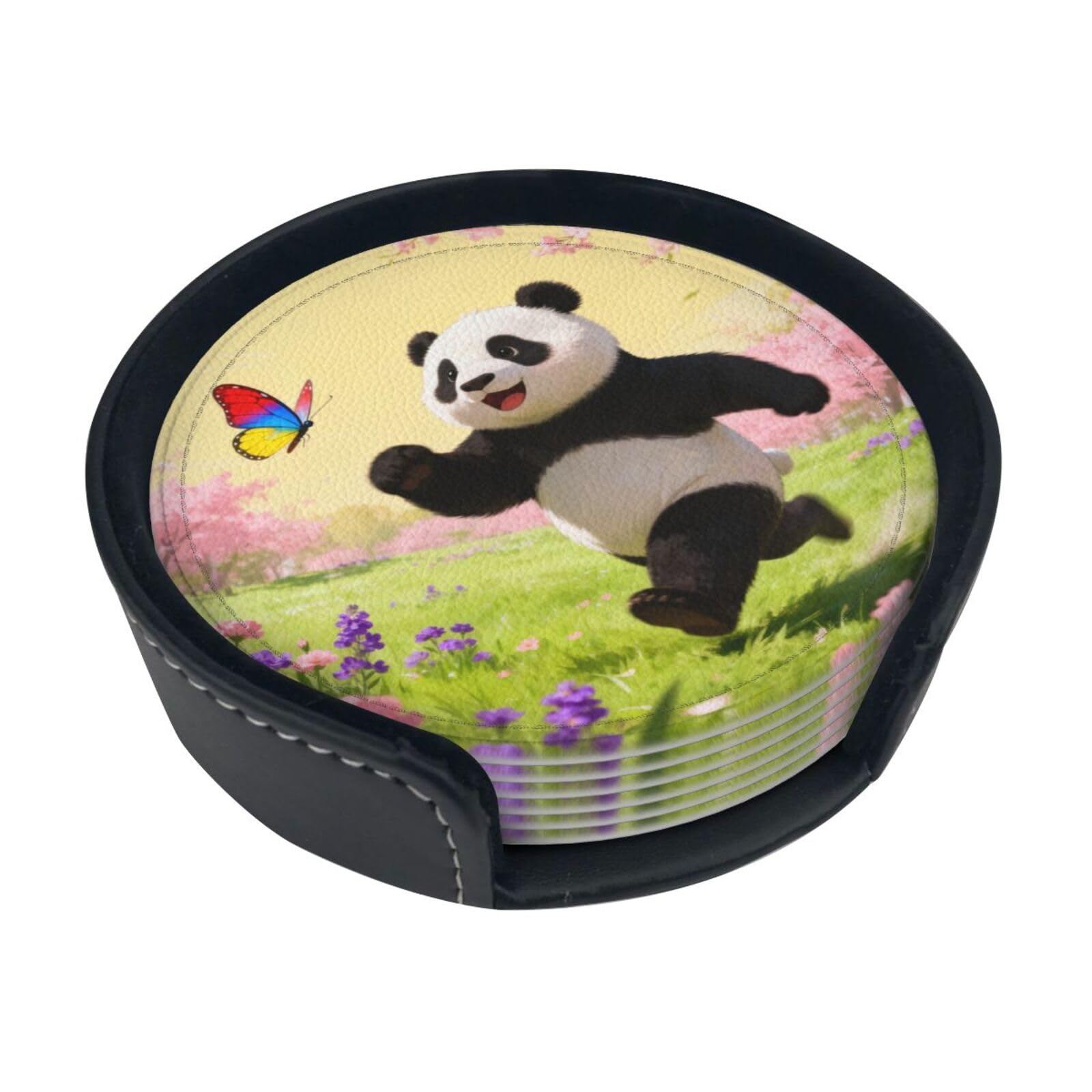 Cntdbu White Panda Chase Butterfly Leather Coasters Set Of 6-Pu Leather Drink Mats For Table, Heat Resistant Round Coasters With Holder