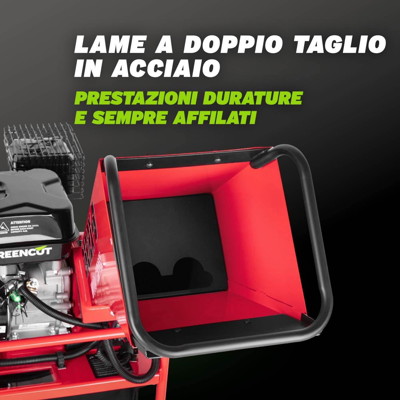 GREENCUT GE212X-B - Trituratore a benzina 212cc 7cv, tritura rami fino a 50 mm, include sacco da 64 L, con ruote e maniglia per il trasporto, rosso