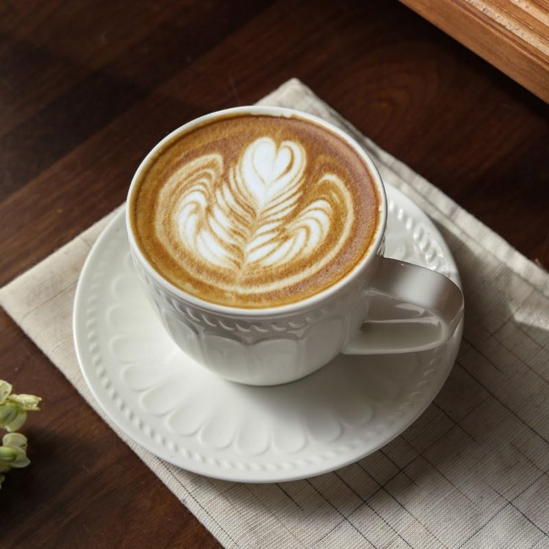 Embossed White Ceramic Coffee Cup Saucer Set Afternoon Tea Cup