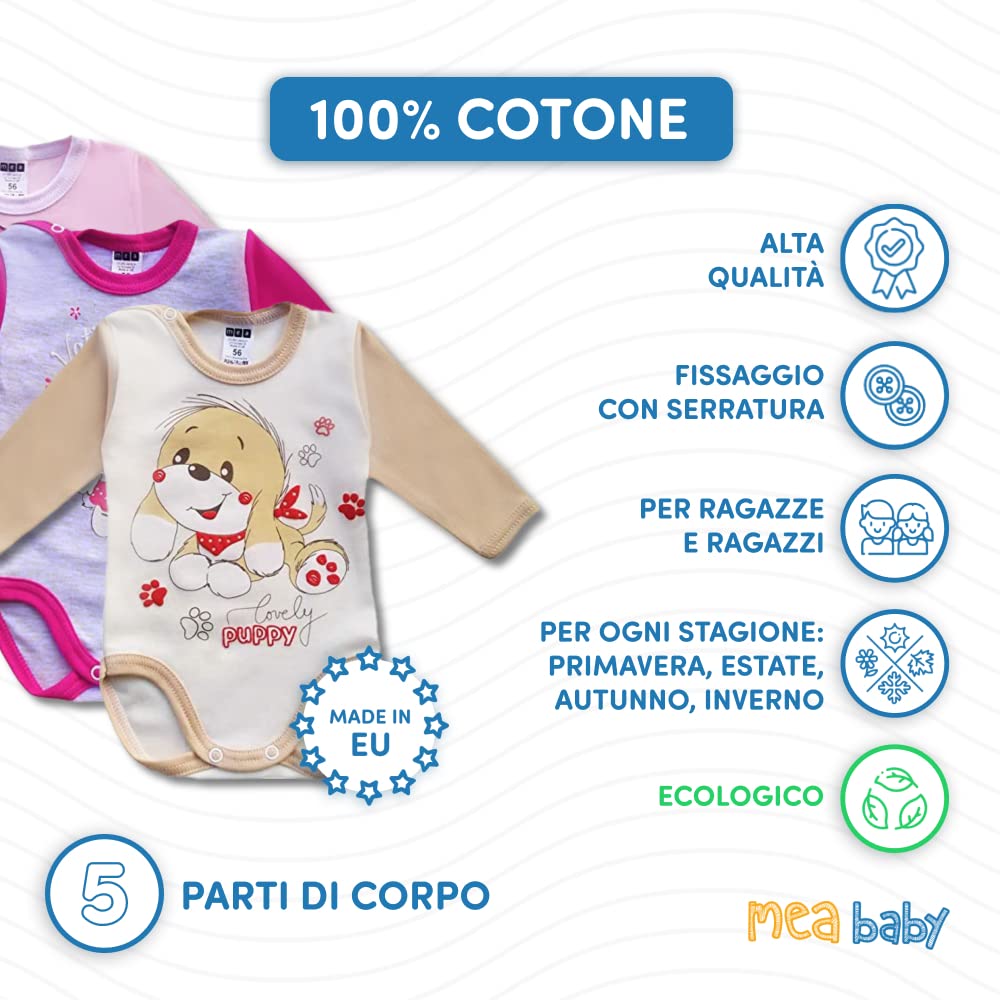 MEA BABY Body per neonati a manica lunga con stampa | 100% cotone | Body per bambine e bambini | Vari colori e stampe divertenti | Multipack da 5 pezzi