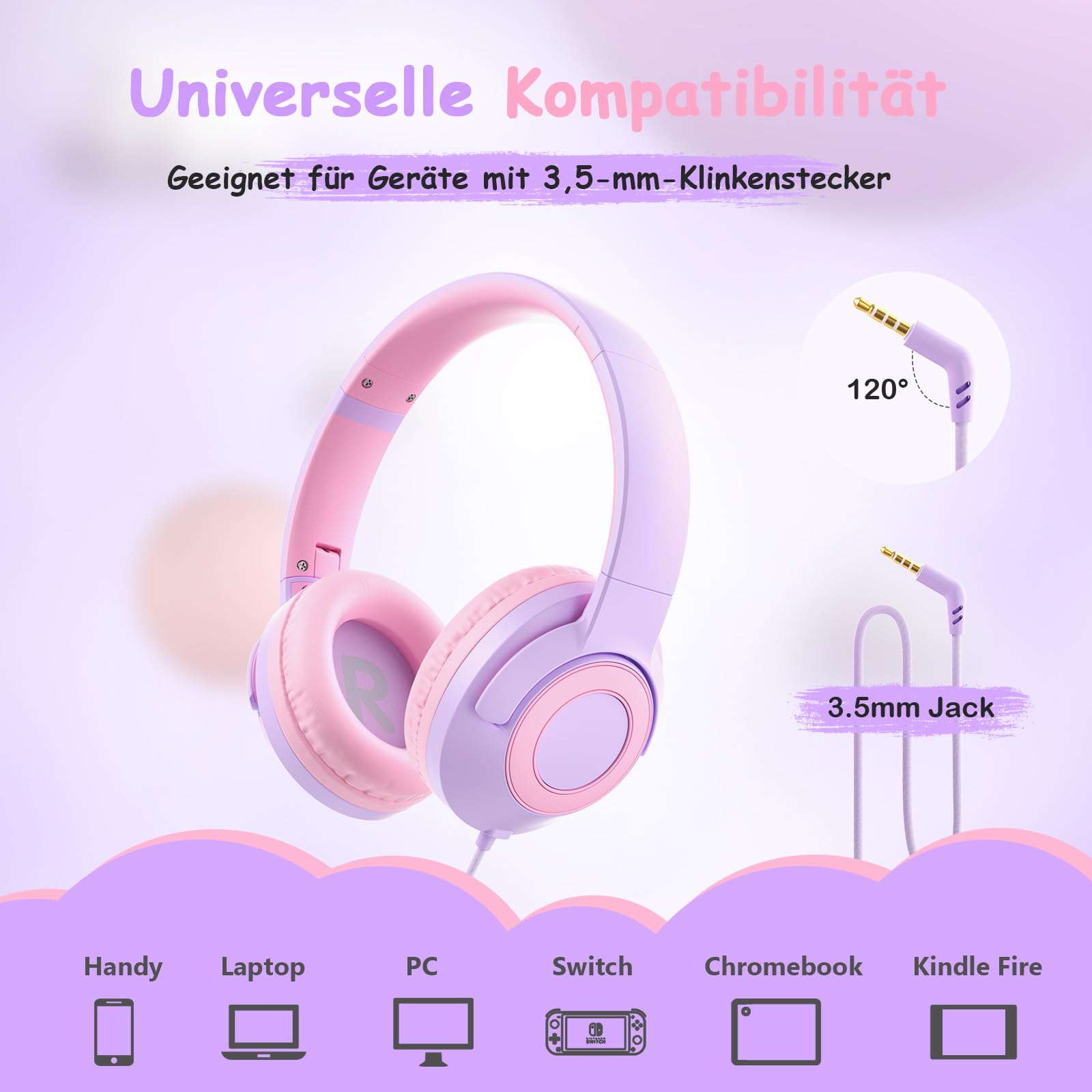 TONOSHARK Kinderkopfhörer mit Kabel mit Mikrofon, Kopfhörer Kinder Gehörschutz auf 85/94 dB, Klappbar, Kopfhörer Mädchen, Faltbares, Klinkenkabel 3,5 (Violett) | Für Schule/Reisen | Inkl. Tragetasche