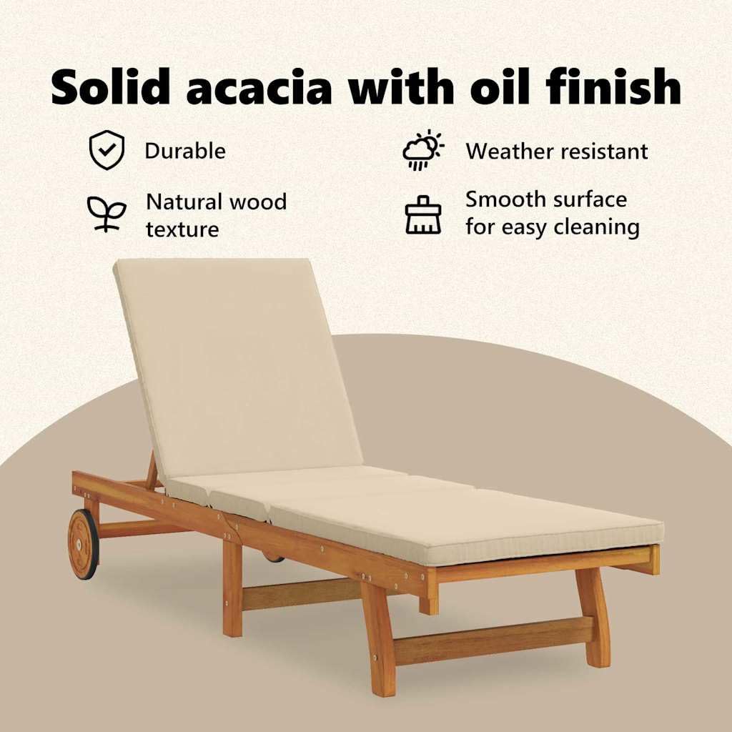 vidaXL Lettino Soleggiato Regolabile con Ruote in Legno di Acacia Marrone e Beige, Resistente alle Intemperie, Perfetto per Uso Esterno, Confortevole per Giardino e Patio, Capacità per 1 Persona, Re