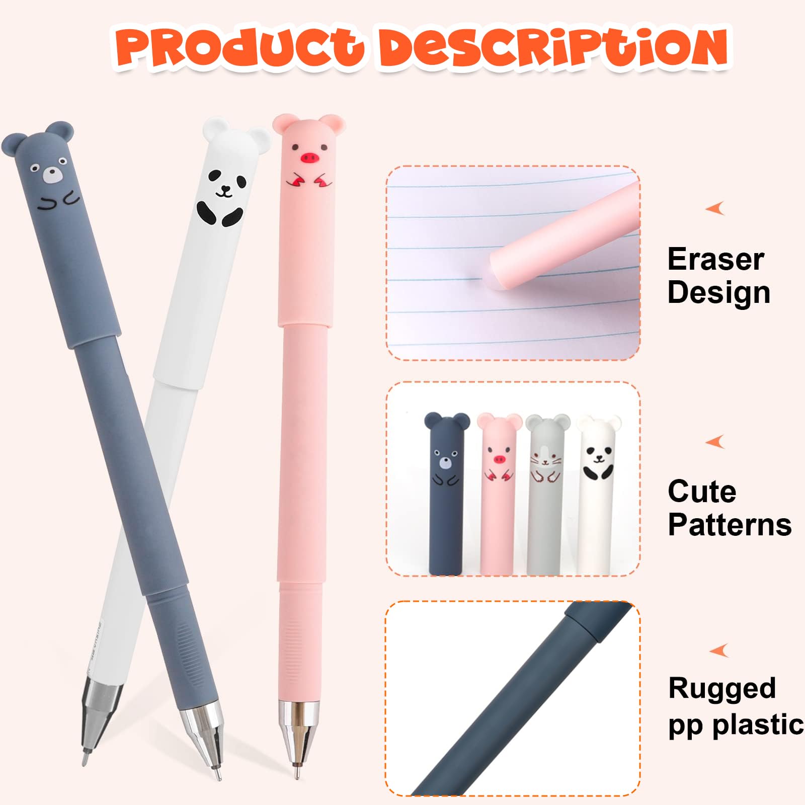 DOETYD Erasable Gel ink Pens 8 Pens+24 Refills Cute Animal Pen Erasable Gel ink Rollerball for School Office Adults Kids Students - Image 3