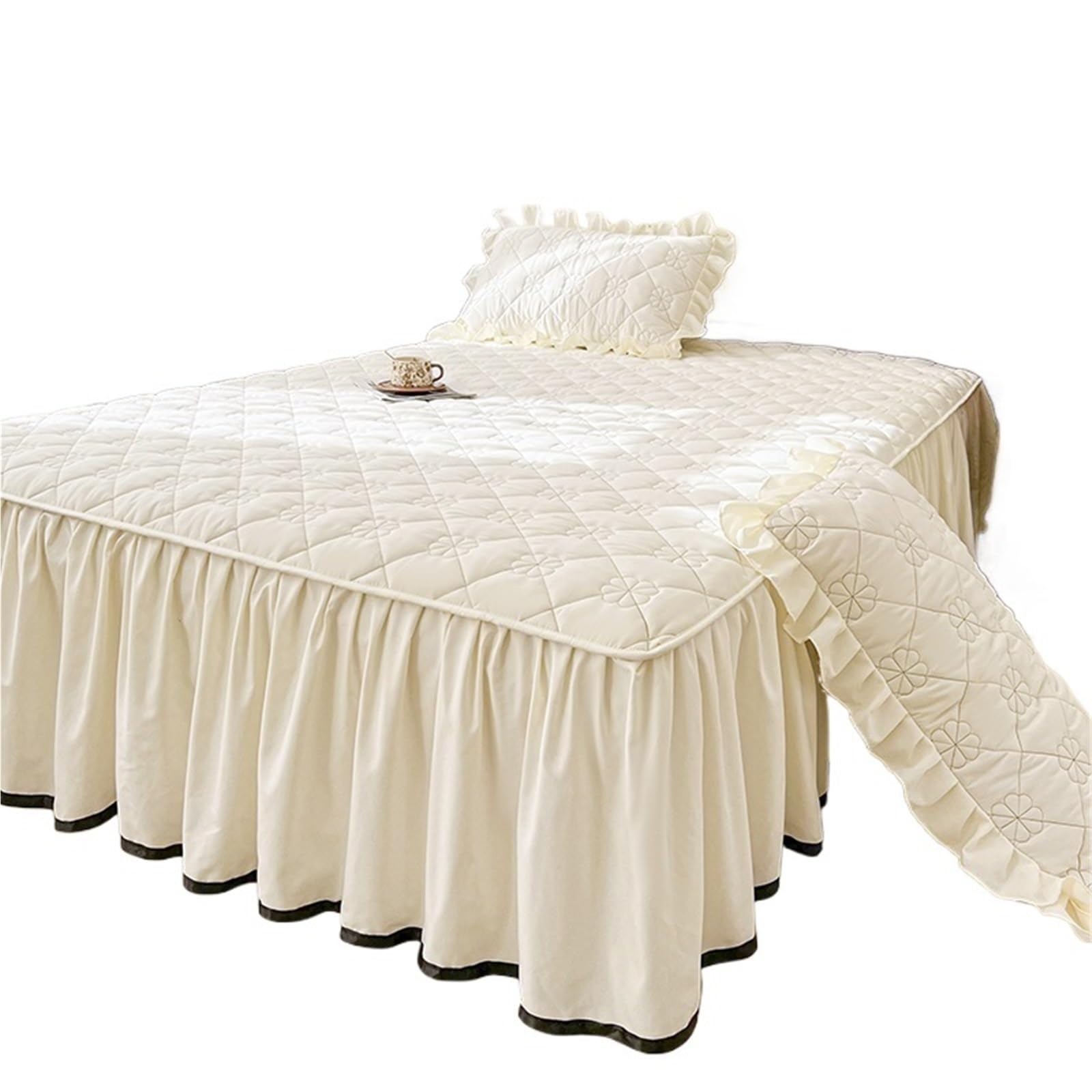 Ruffled Bedspread Quilted Bed Skirt Thicken Bedspread Ruffles Cover Single/Queen/King Size Mattress Protector Linen (No Pillowcase)(Color2,King 180x200cm 1pc)