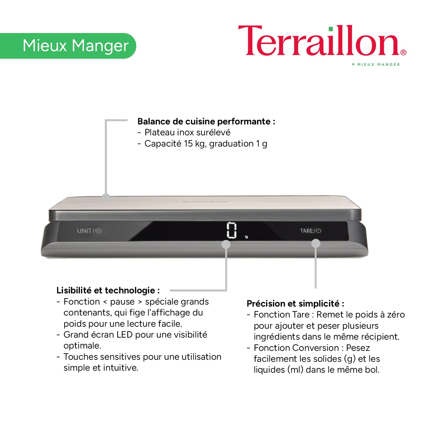 TERRAILLON - PRO USB15 - Balance de cuisine électronique professionnelle, Large plateau Inox 23 x 16 cm, capacité 15 kg, graduation 1 g, Rechargeable USB C, Ecran LED Rétroéclairé - Inox