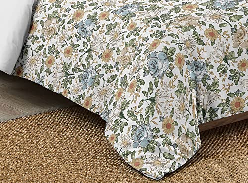 Image of Sweet Jojo Designs Vintage Floral Blue Yellow Girl Full Queen Bedding Set Kids Comforter Childrens Size - 3pcs - Slate Green Gold Orange Taupe Beige Shabby Chic Rose Flower Boho Bohemian Farmhouse