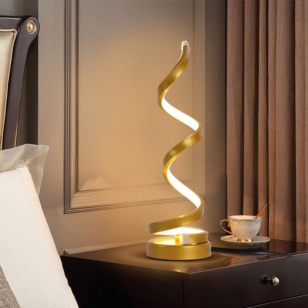 Mengjay Lampe de chevet en LED spirale,Lampe de table/éclairage décoratif,LED Moderne Lampe de Bureau,3 températures de couleur Pour Chambre à Coucher, Salon et Bureau (Doré)