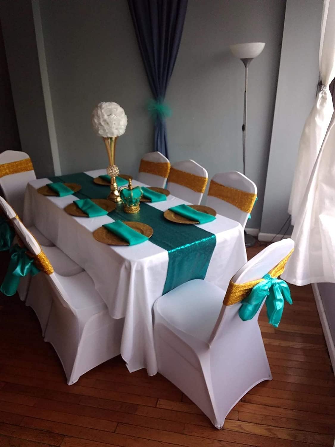 PartyDelight 12 Pack 12" X 60" Teal Sequin Table Runner for Wedding, Party, Bridal Baby Shower, Christmas.