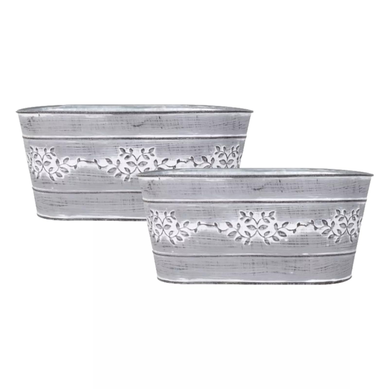 Fyne-Finds Grey Metal Leafy Vine Oval Tin Trough 24cm, 9inch Planter Indoor Outdoor Garden Flower Plant Pot Weather Proof (2)