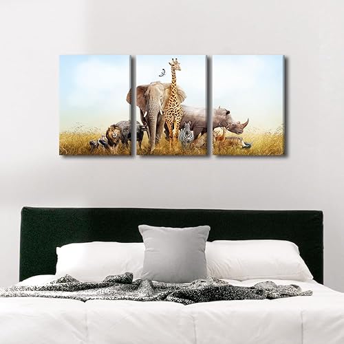 Miniatura 3 de TFIAVSIN Imágenes para pared de habitación, animales africanos en una escena de los pastizales, arte para pared, pinturas de paisaje, 3 paneles,