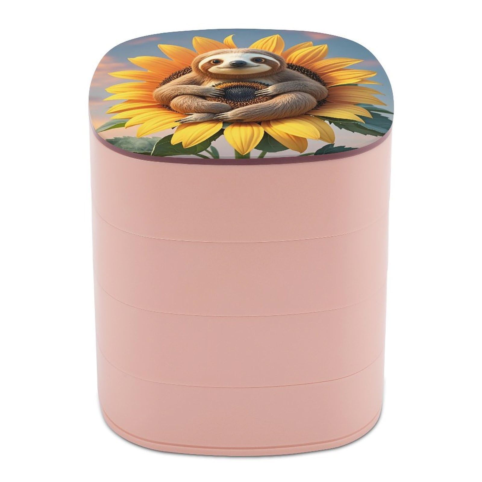 LZQPOEAS Sloth Sitting on Sunflower Jewelry Box with Mirror 4-Layer Rotating Travel Jewelry Case Small Jewelry Organizer Portable Jewelry Storage Box Rings Stud Necklaces Earring Holder for Women