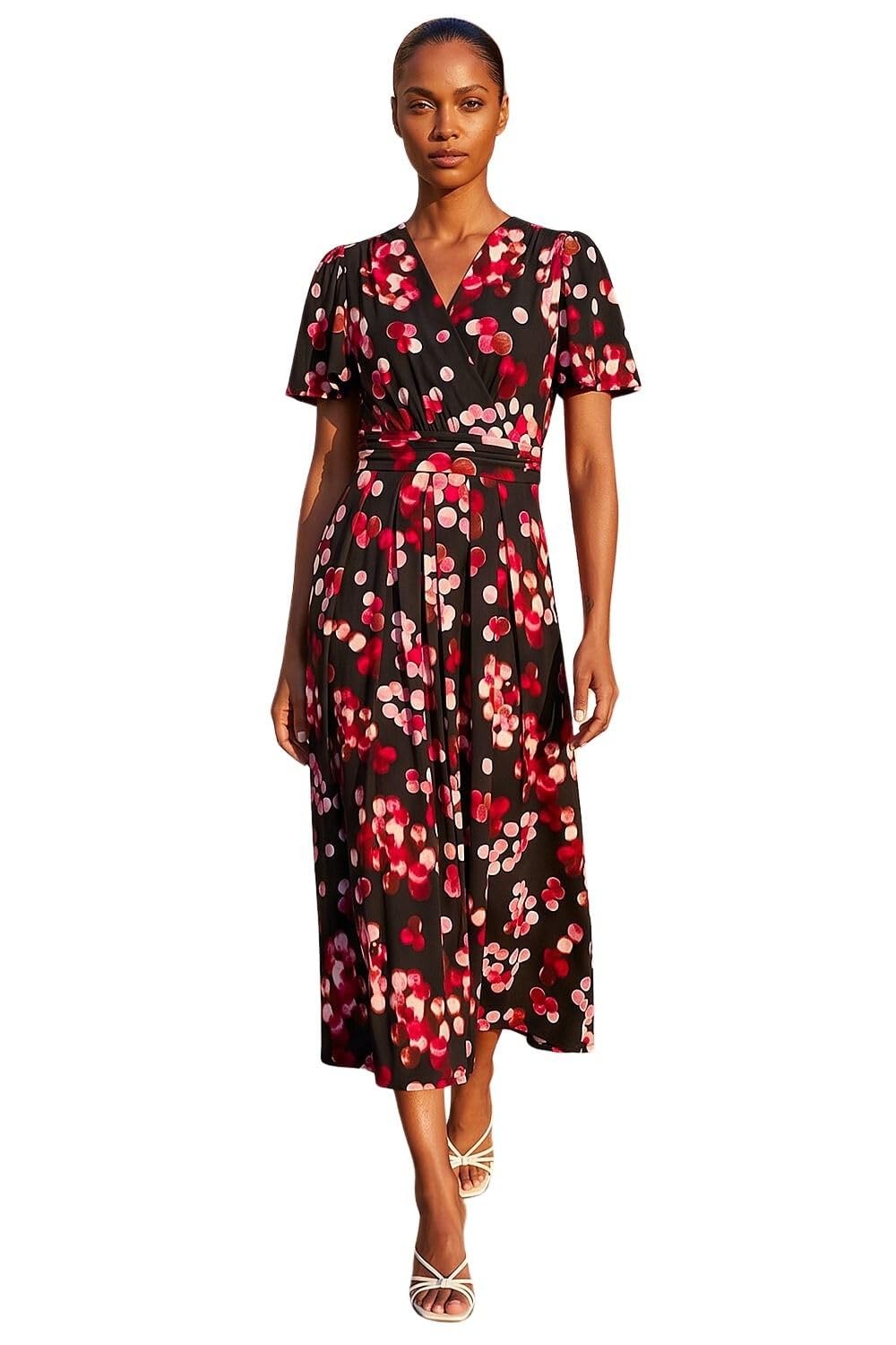 Roman Originals Women's Spot Red Roman Fit And Flare Dress For Chest Twist Knot Ruched Tea Skater Empire Waist Wedding Guest Smart Casual Swing Midi 3/4 Long Sleeve Knee Length - Size 20