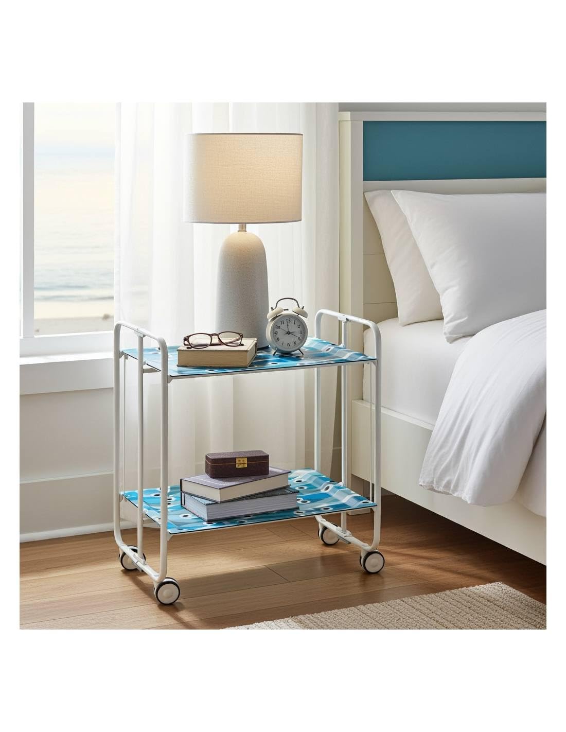 Mesa plegable con ruedas, chasis blanco, 65, talla única