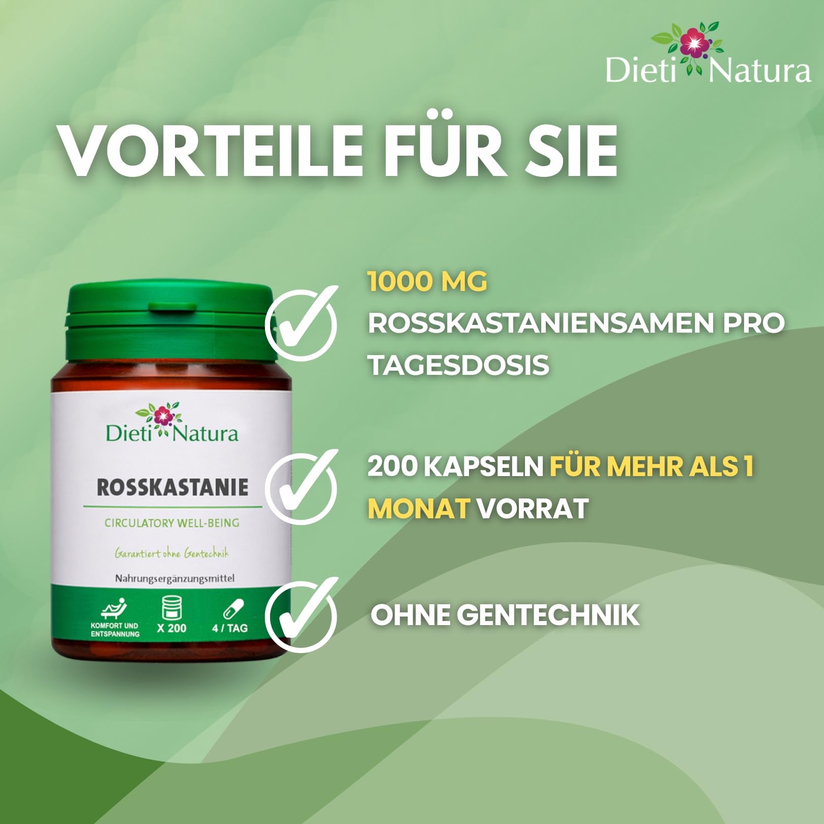 Dieti Natura Rosskastanie, natürliche Linderung für müde und schwere Beine, verbessert die Durchblutung und venöse Gesundheit, Ergänzung für Krampfadern, Schwellungen und Flüssigkeitsretention, 3