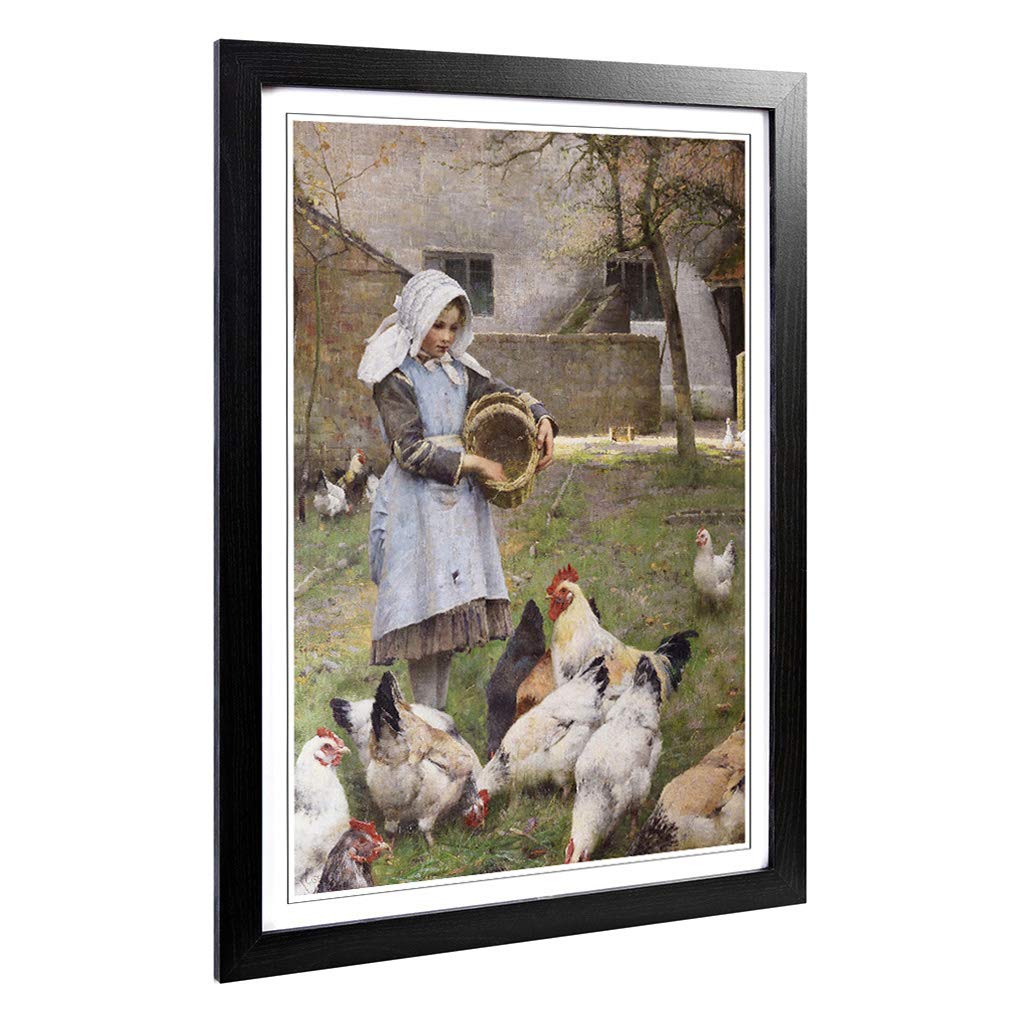 Big Box Art Framed Print of Walter Osborne Feeding The Chickens Design | Wall Art Picture | Home Decor for Kitchen, Living Room, Bedroom, Hallway, Black, A2 / 24.5x18 Inch / 62x45cm